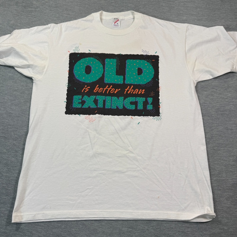 Jerzees Shirt‎ Men XL White Old Is Better Than Extinct Hallmark Vintage 90s Tee